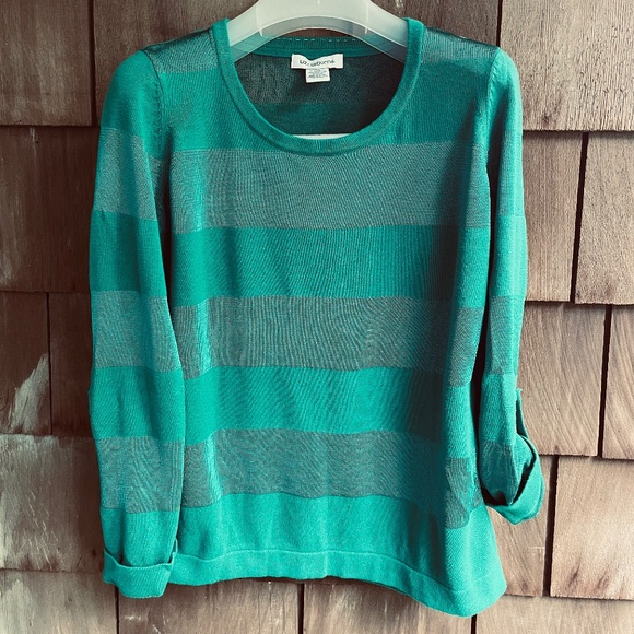 Bright Green Sweater with textured stripes in 💯 cotton with roll-up sleeves - Picture 1 of 9